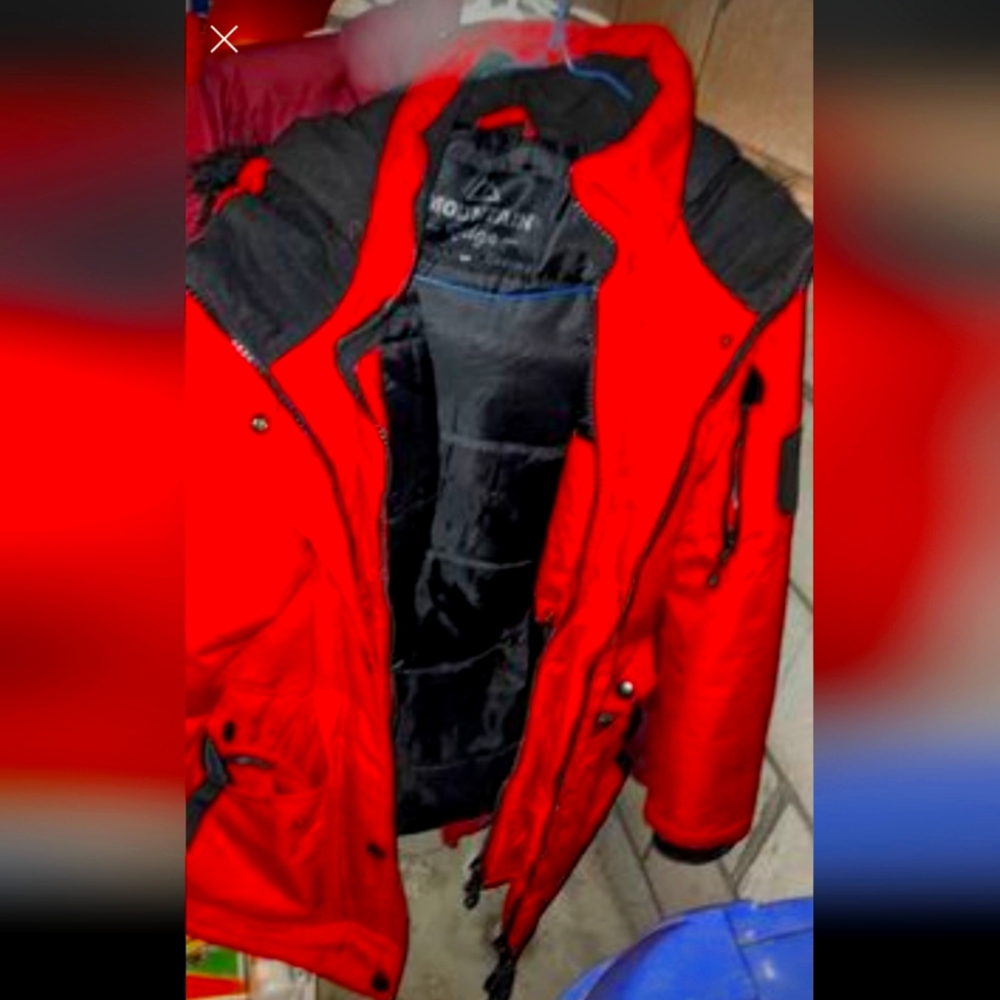 Red and black winter coat with fur on hood